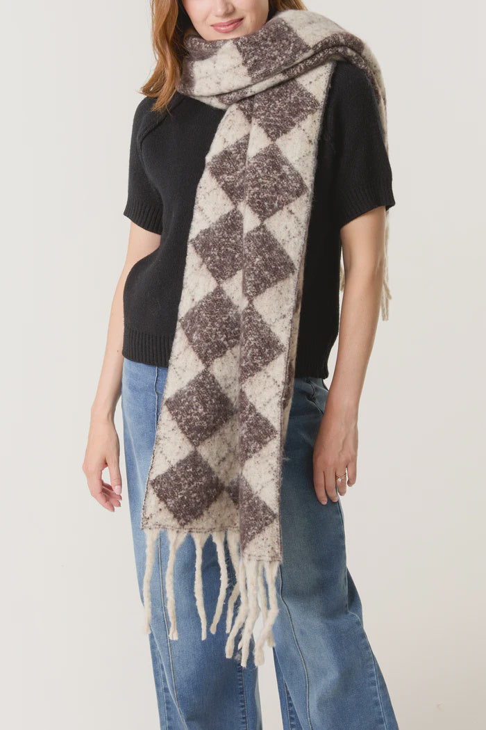 Argyle Fluffy Knit Tassel Scarf - Chocolate