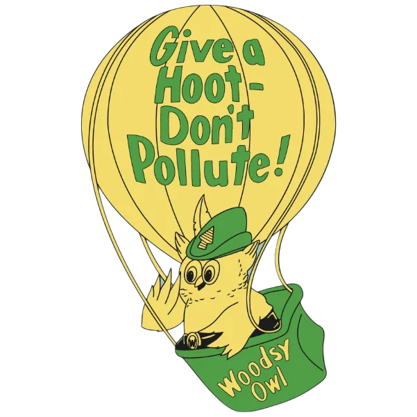 Forager Provisions LTD NoSo repair patch featuring Woodsy Owl in a yellow hot air balloon with Give a Hoot text.