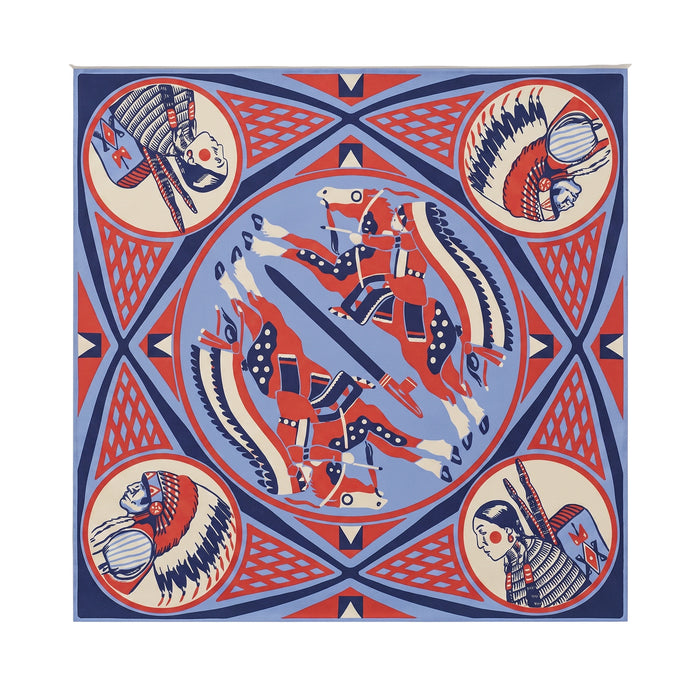 Forager Provisions LTD Lakota art print featuring Indigenous riders and warriors in red, blue, and cream geometric style