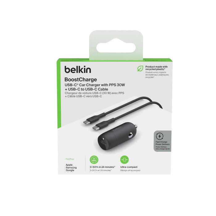 Belkin BoostCharge 30W USB-C PD Car Charger with 1m USB-C to USB-C Cable, Black