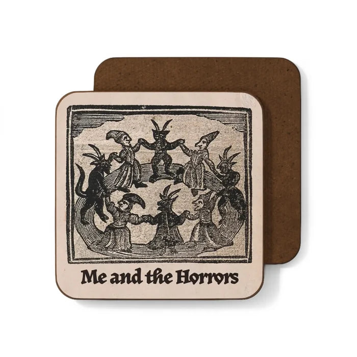 Betiobca Me and the Horrors Folklore Coaster—gothic horned figures, unique dark humor, best quirky gothic gift idea.
