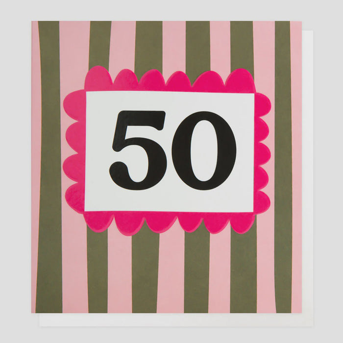 Caroline Gardner Pink & Khaki Stripe 50th Greetings Card