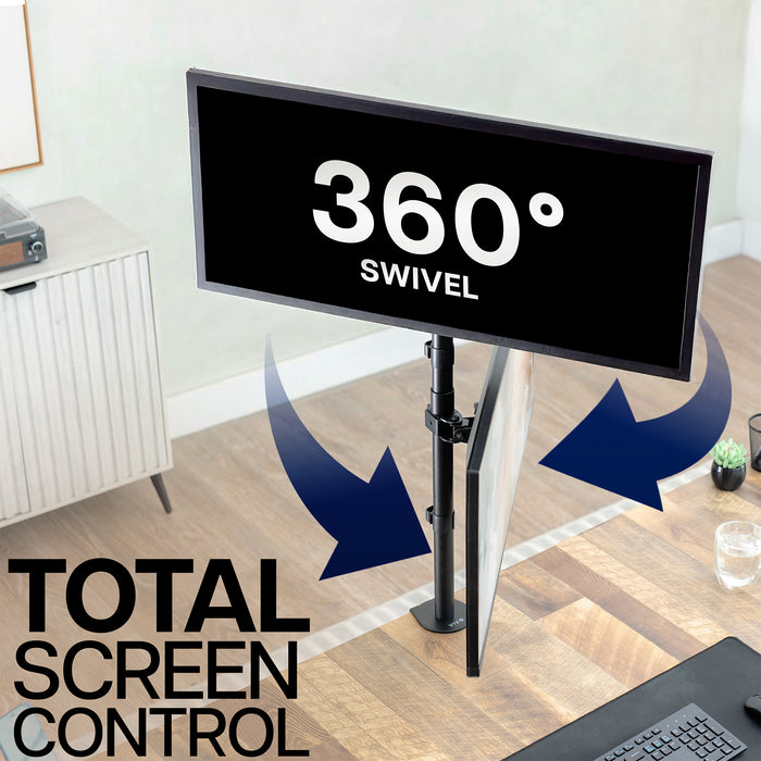 Monitor on a stand with '360Β° Swivel' text and arrows indicating movement, in a home office setting.