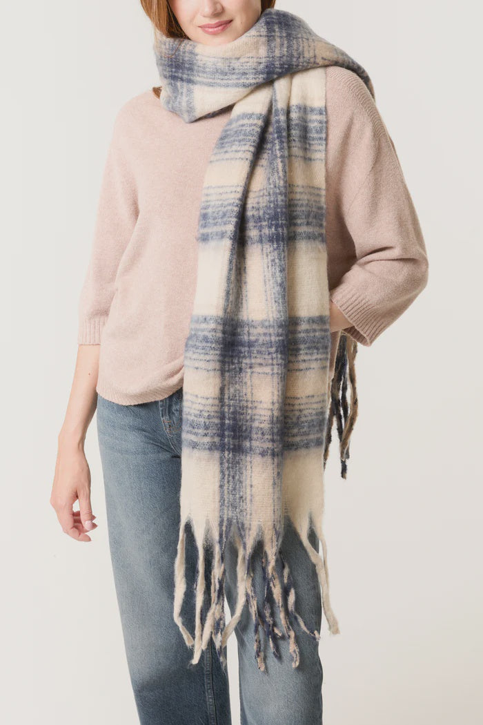 Fluffy Tartan Tassel Scarf - Navy