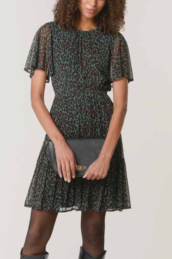 Flutter Sleeve Animal Print Dress - Khaki