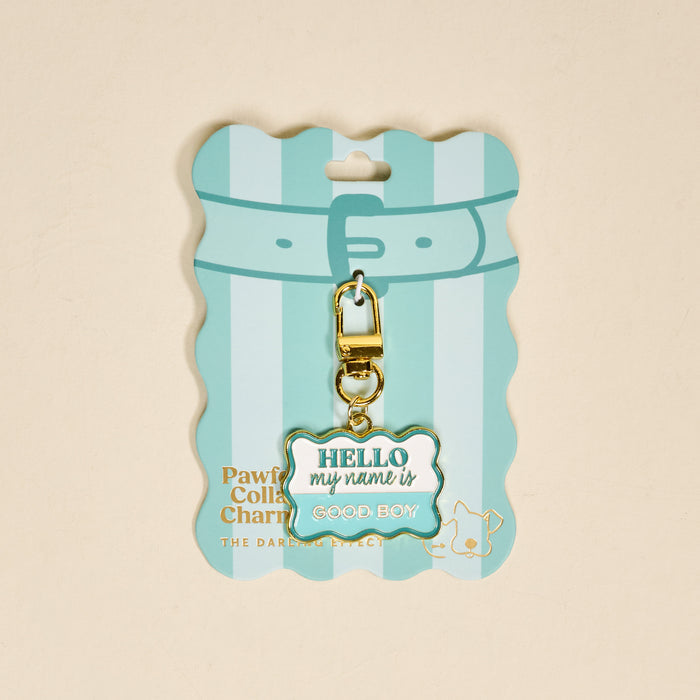 The Darling Effect Good Boy Pawfect Collar Charm, a gold and white pet ID tag with "HELLO my name is GOOD BOY," sits on a blue and white striped collar-style card—perfect for playful pet style and charm collections.