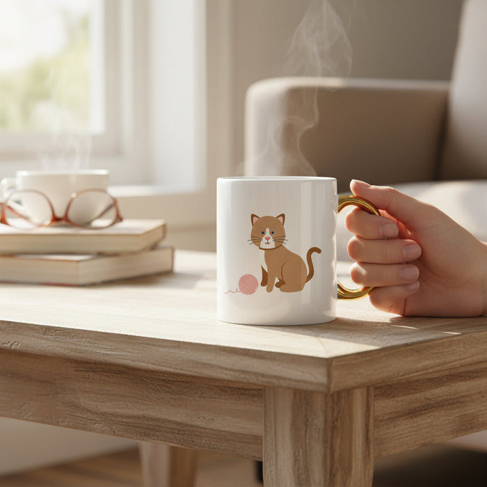 The Darling Effect's Kitty Corner 11 oz Cozy Cute Ceramic Mug features a cartoon brown cat and yarn with a golden handle, steaming on a wooden tableโideal for savoring your favorite coffee or tea.