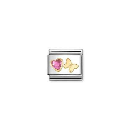 Nomination Classic Gold Symbols CZ Faceted Pink Heart & Butterfly