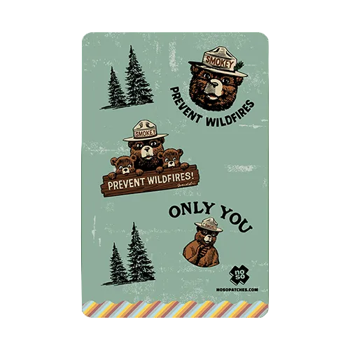 Forager Provisions LTD Smokey Bear Dazzits repair patches featuring iconic conservation designs on a green sheet.