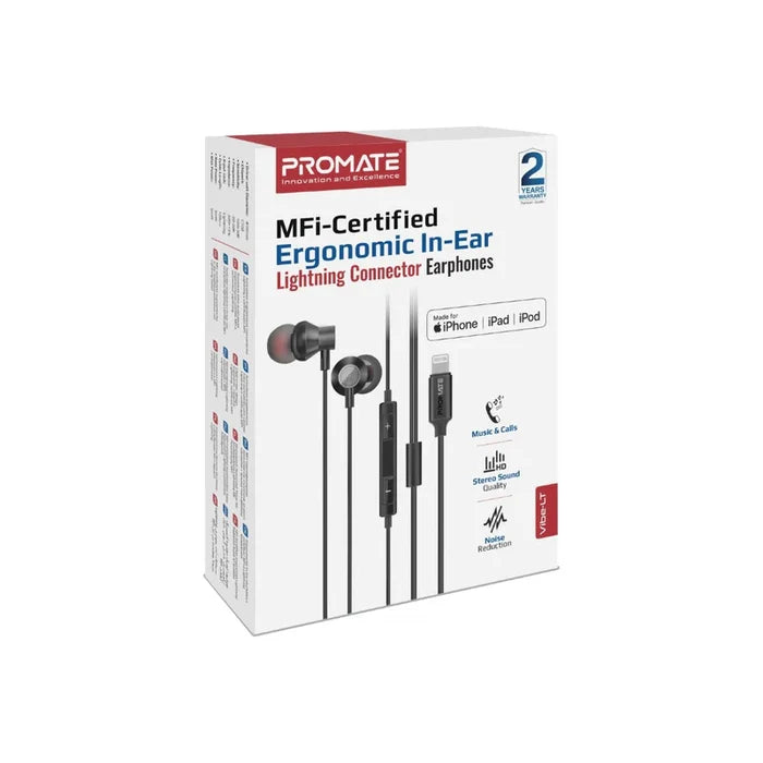 Promate Vibe-LT MFI Ergonomic IN-EAR Wired Lightning Earphones, Black