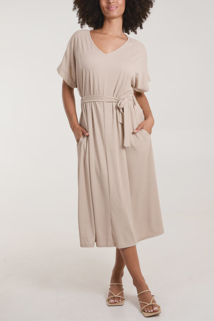 Ribbed Tie Front Midi Dress - Beige