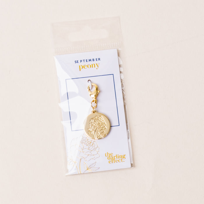 The-darling-effect September Jewelry Birth Flower Charm Gold features a peony design and card, making it a meaningful accessory for personalized jewelry lovers and perfect for celebrating September birthdays.