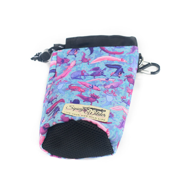 Forager Provisions LTD Sipsey Wilder axolotl print water bottle holder with a black mesh base and adjustable strap.