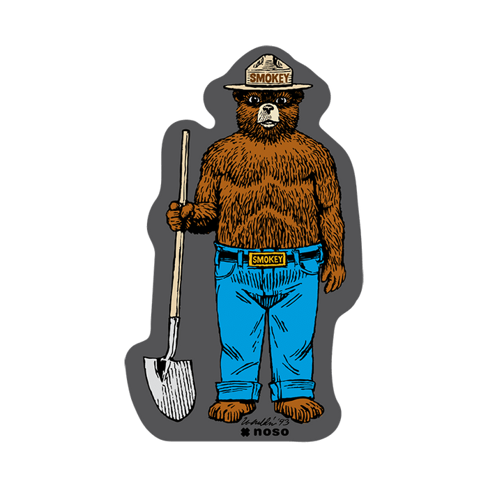 Forager Provisions LTD Smokey Bear Digs x NoSo peel-and-stick repair patch featuring Smokey Bear with a shovel.