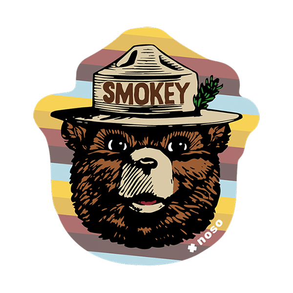 Forager Provisions LTD Smokey Bear Vibes Logo NoSo repair patch featuring a retro bear illustration on striped background
