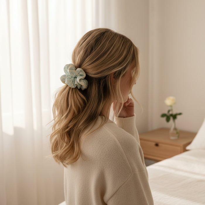 A woman with wavy blonde hair styled with The Darling Effectโs Something Blue Ruffle Up Scrunchie sits on a bed in a softly lit bedroom, wearing a cream sweater. A vase with a single flower rests on the wooden bedside table.