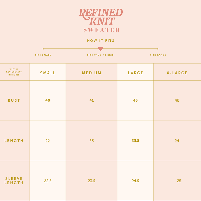 The Darling Effectβs Seaside Haven Refined Knit Sweater size chart includes bust, length, and sleeve measurements (in inches) for sizes Small to X-Largeβmaking it easy to find your perfect fit for this timeless piece.