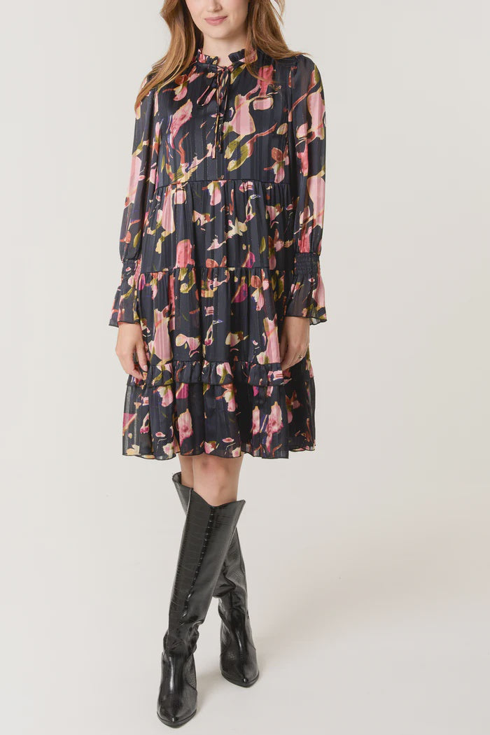 Tie Neck Floral Smock Dress - Black