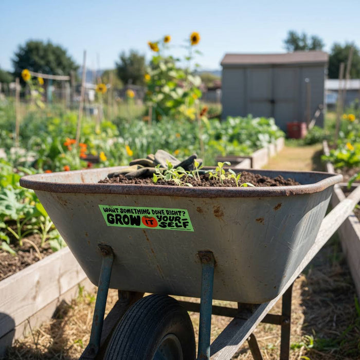 Forager Provisions LTD Grow It Yourself vinyl bumper sticker applied to a metal wheelbarrow in a sunny garden.
