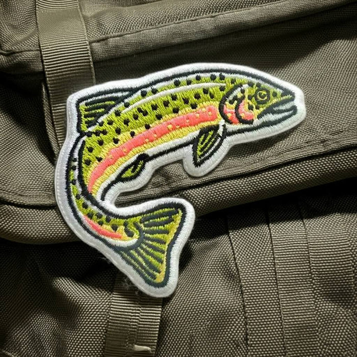 Union Made Jumping Salmon Iron On Patchβkhaki base, green, pink & yellow accents. Perfect fishing gift or collectors item!.