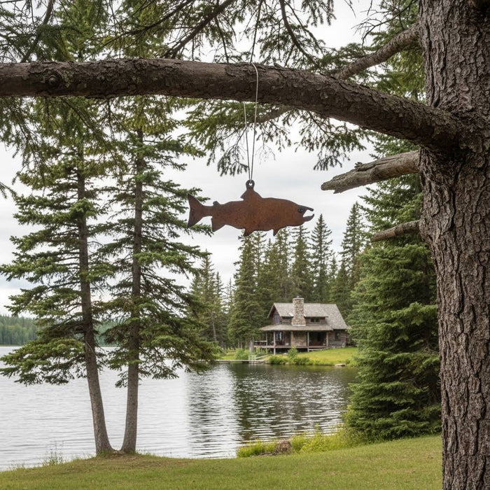 Forager Provisions LTD rustic metal salmon hanging decoration displayed on a tree branch overlooking a lakeside cabin.