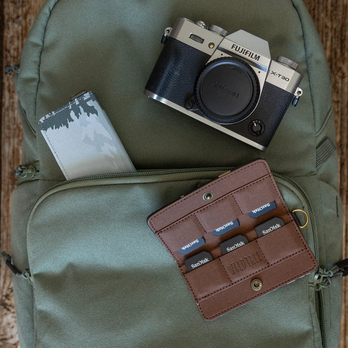Green backpack with Fujifilm camera, notebook, Wildtree Forest Friend card holder, six SanDisk memory cards inside.