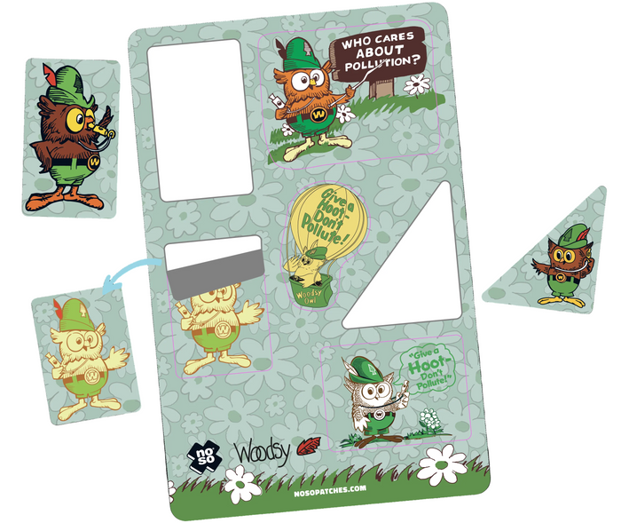 Forager Provisions LTD Woodsy Owl Dazzits x NoSo peel-and-stick repair patches with colourful character designs.