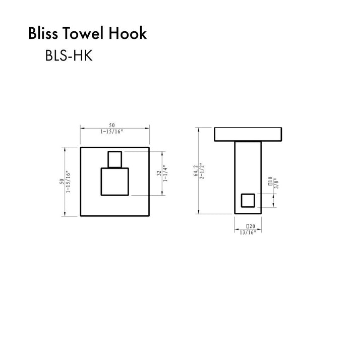 ZLINE Bliss Towel Hook With Color Options (BLS-HK) dimensional diagram