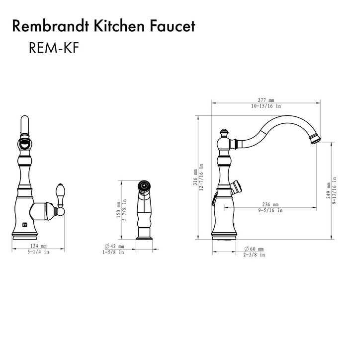 ZLINE Rembrandt Kitchen Faucet with Color Options (REM-KF) dimensional diagram with measurements.