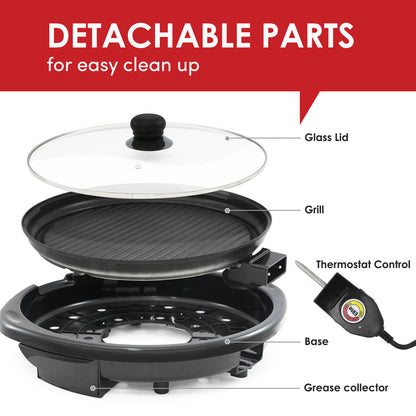 DETACHABLE PARTS for easy clean up. Glass Lid, Grill, Thermostat Control, Base, Grease collector.