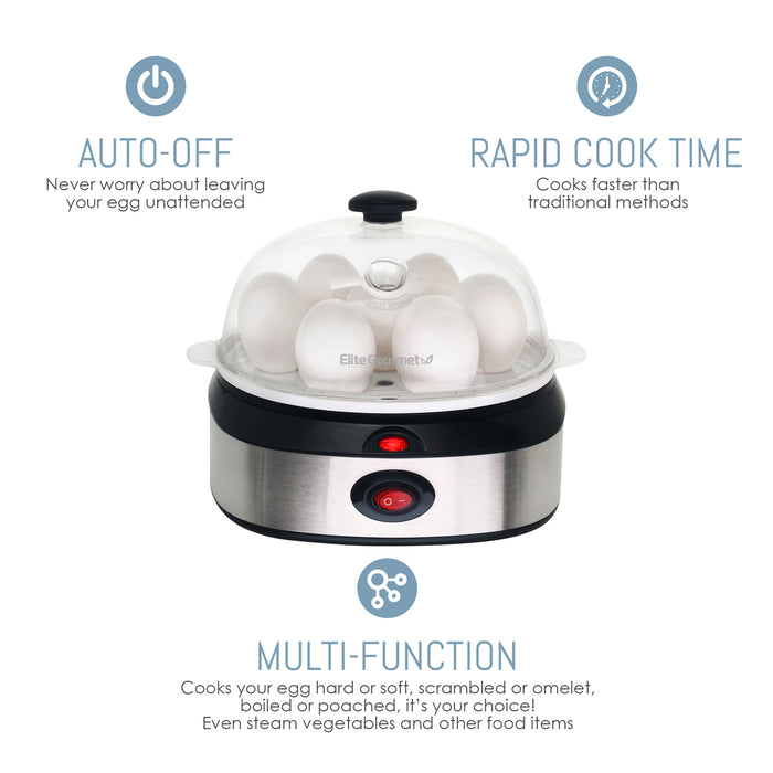 Auto-Off. Never worry about leaving your eggs unattended. Rapid Cooke Time. Cooks faster than traditional methods. Multi-Function, cooks your eggs hard or soft, scrambled or omelet-style. Boiled of poached, it's your choice! Even steam vegetables and other foods.