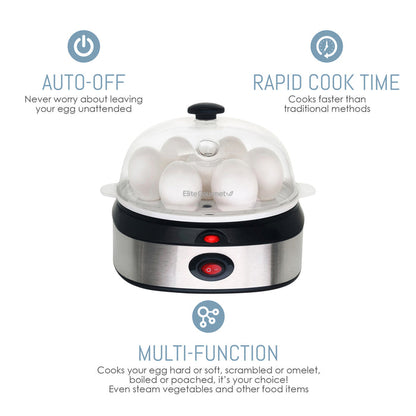 Auto-Off. Never worry about leaving your eggs unattended. Rapid Cooke Time. Cooks faster than traditional methods. Multi-Function, cooks your eggs hard or soft, scrambled or omelet-style. Boiled of poached, it's your choice! Even steam vegetables and other foods.