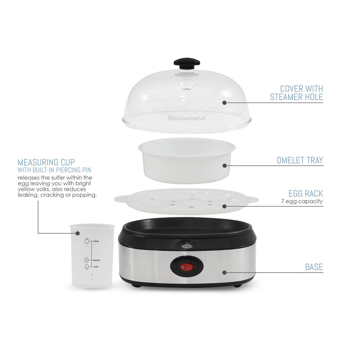 Parts & accessories displayed. Measuring cup with built-in piercing pin releases the sulfur with the egg leaving you with bright yellow yolks, also reduces leaking, cracking or popping. Cover with steamer hole. Omelet Tray. Egg rack 7 egg capacity. Base.