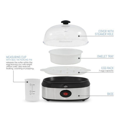Parts & accessories displayed. Measuring cup with built-in piercing pin releases the sulfur with the egg leaving you with bright yellow yolks, also reduces leaking, cracking or popping. Cover with steamer hole. Omelet Tray. Egg rack 7 egg capacity. Base.