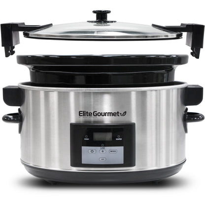 Parts & accessories separated to showcase assembly of Glass Lid, Inner Pot and Slow Cooker base.
