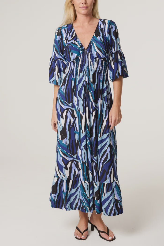 Abstract Stripe V-Neck Dress - Navy