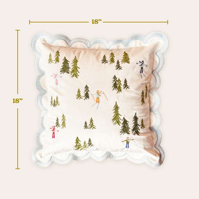 The Darling Effect Aprés Ski Scalloped Square Throw Pillow, 18"x18", features embroidered trees and skiers with scalloped edges—ideal for lodge decor or as a cozy après-ski accent in your mountain retreat.