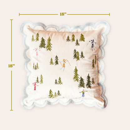 The Darling Effect Aprés Ski Scalloped Square Throw Pillow, 18"x18", features embroidered trees and skiers with scalloped edges—ideal for lodge decor or as a cozy après-ski accent in your mountain retreat.