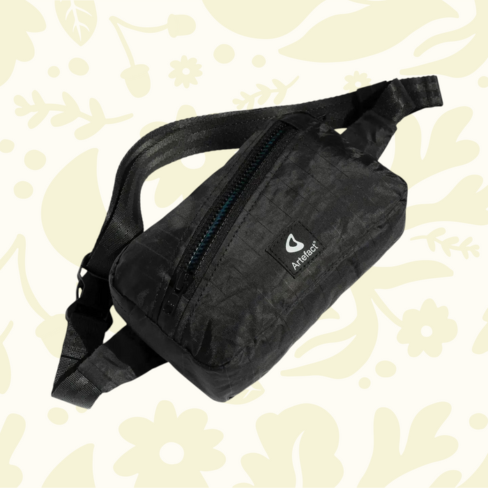 Forager Provisions LTD Artefact Eco black upcycled wind sail banana sling bag with adjustable strap and zip closure