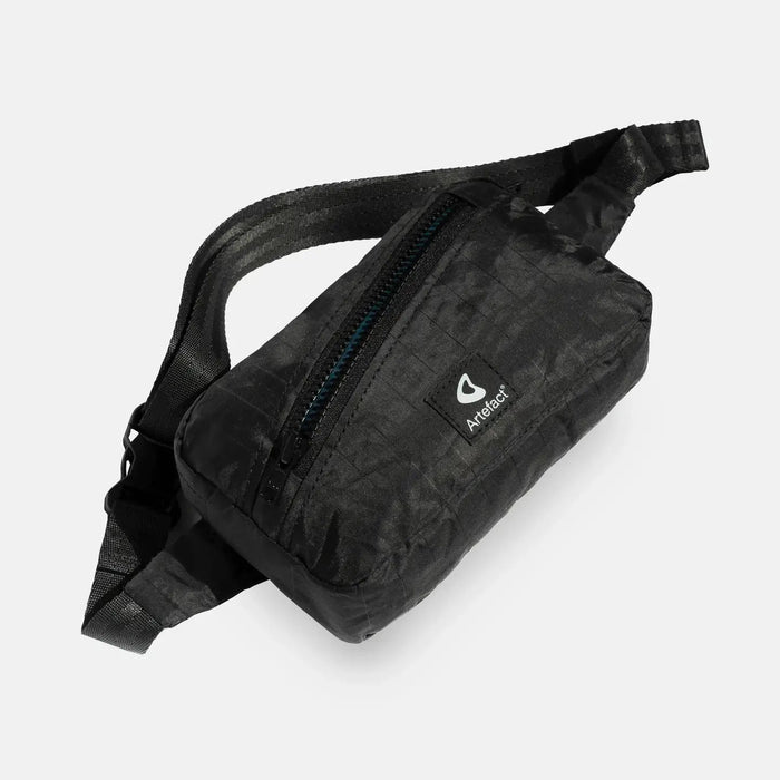 Forager Provisions LTD Artefact Eco black banana sling bag made from upcycled wind sail fabric with adjustable strap.