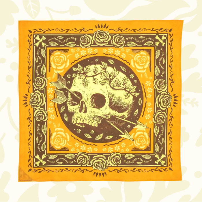 Forager Provisions LTD Bandits Bandanas Free Spirit organic cotton bandana in yellow and brown with skull and rose art