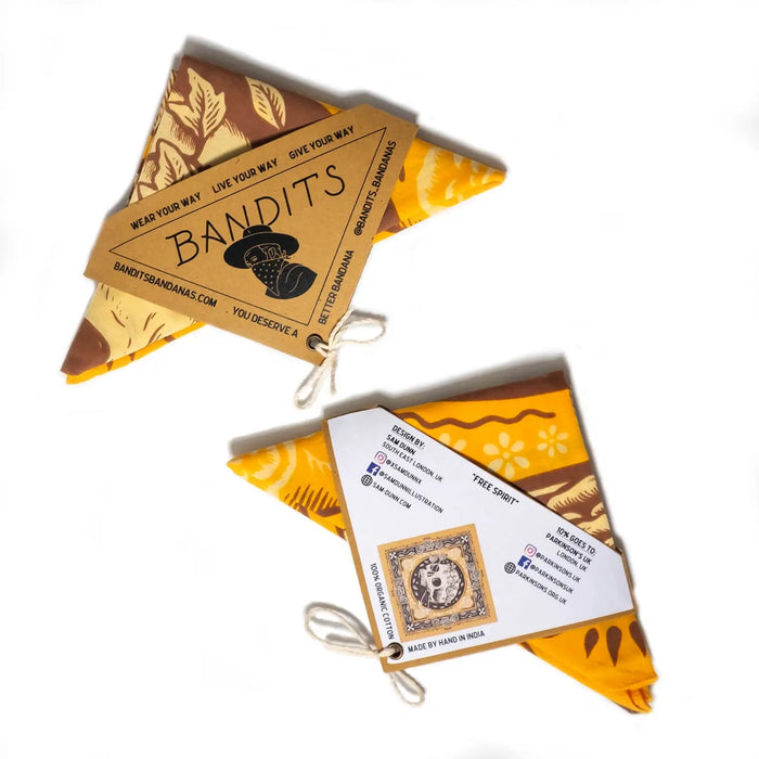 Forager Provisions LTD Bandits Bandanas Free Spirit organic cotton bandana in yellow and brown with artist packaging