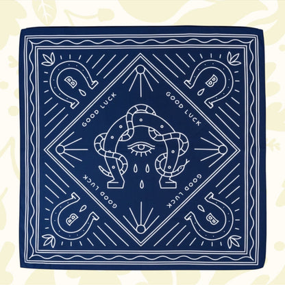 Forager Provisions LTD Bandits Bandanas Good Luck organic cotton bandana in navy blue with white vintage illustrations.