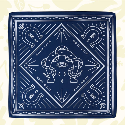 Forager Provisions LTD Bandits Bandanas Good Luck organic cotton bandana in navy blue with white vintage illustrations.