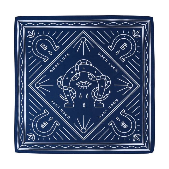 Forager Provisions LTD Bandits Bandanas Good Luck organic cotton bandana in navy blue with white vintage-style graphics.