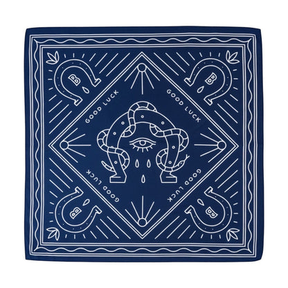 Forager Provisions LTD Bandits Bandanas Good Luck organic cotton bandana in navy blue with white vintage-style graphics.
