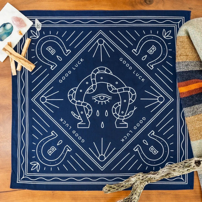 Forager Provisions LTD Bandits Bandanas Good Luck organic cotton bandana in navy blue with white vintage-style print.
