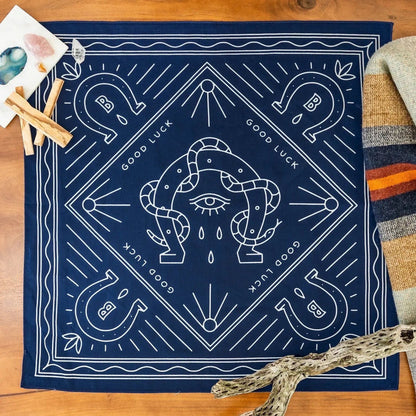 Forager Provisions LTD Bandits Bandanas Good Luck organic cotton bandana in navy blue with white vintage-style print.