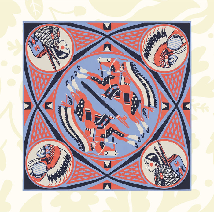 Forager Provisions LTD Lakota silk scarf featuring Indigenous artwork by Isaiah Stewart in blue, red, and cream tones.