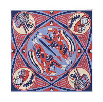 Forager Provisions LTD Lakota art print featuring Indigenous riders and warriors in red, blue, and cream geometric style